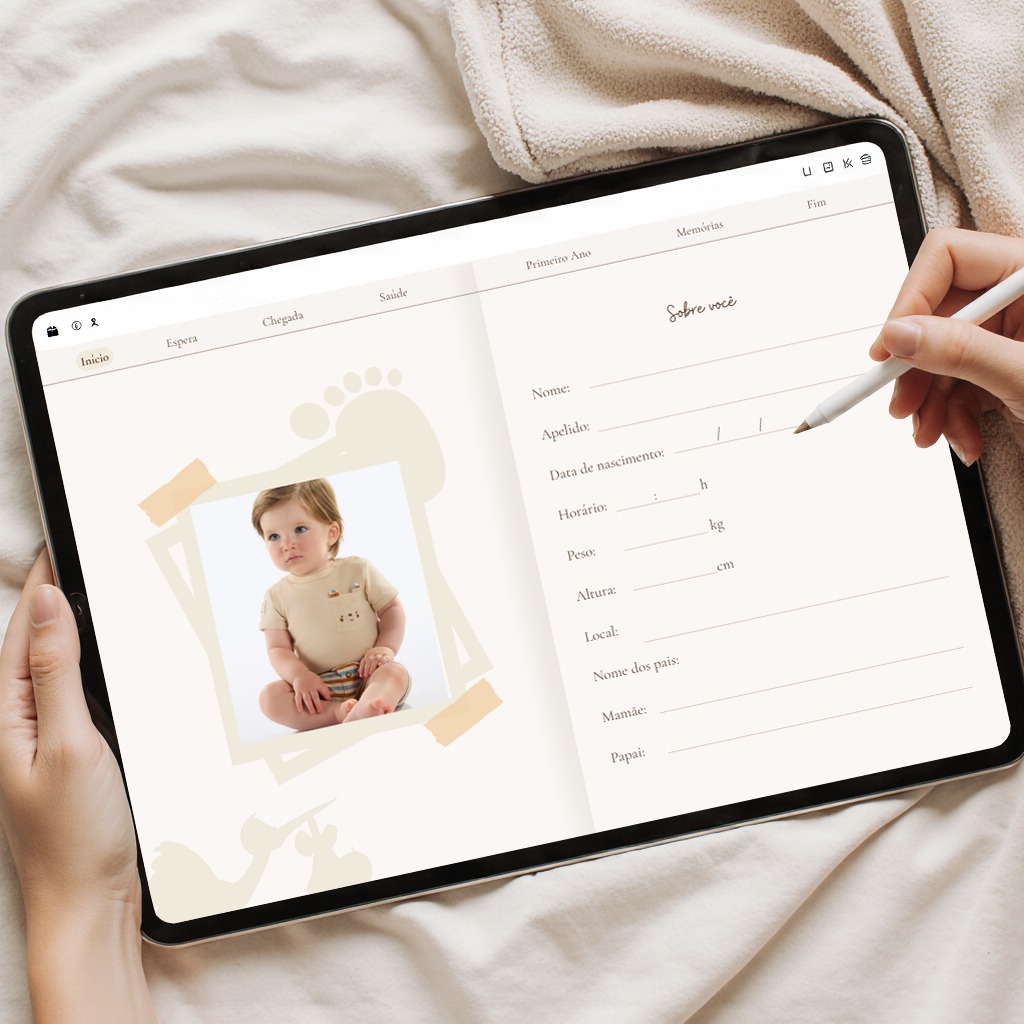 iPad exibindo página Sobre você do Diário do Bebê